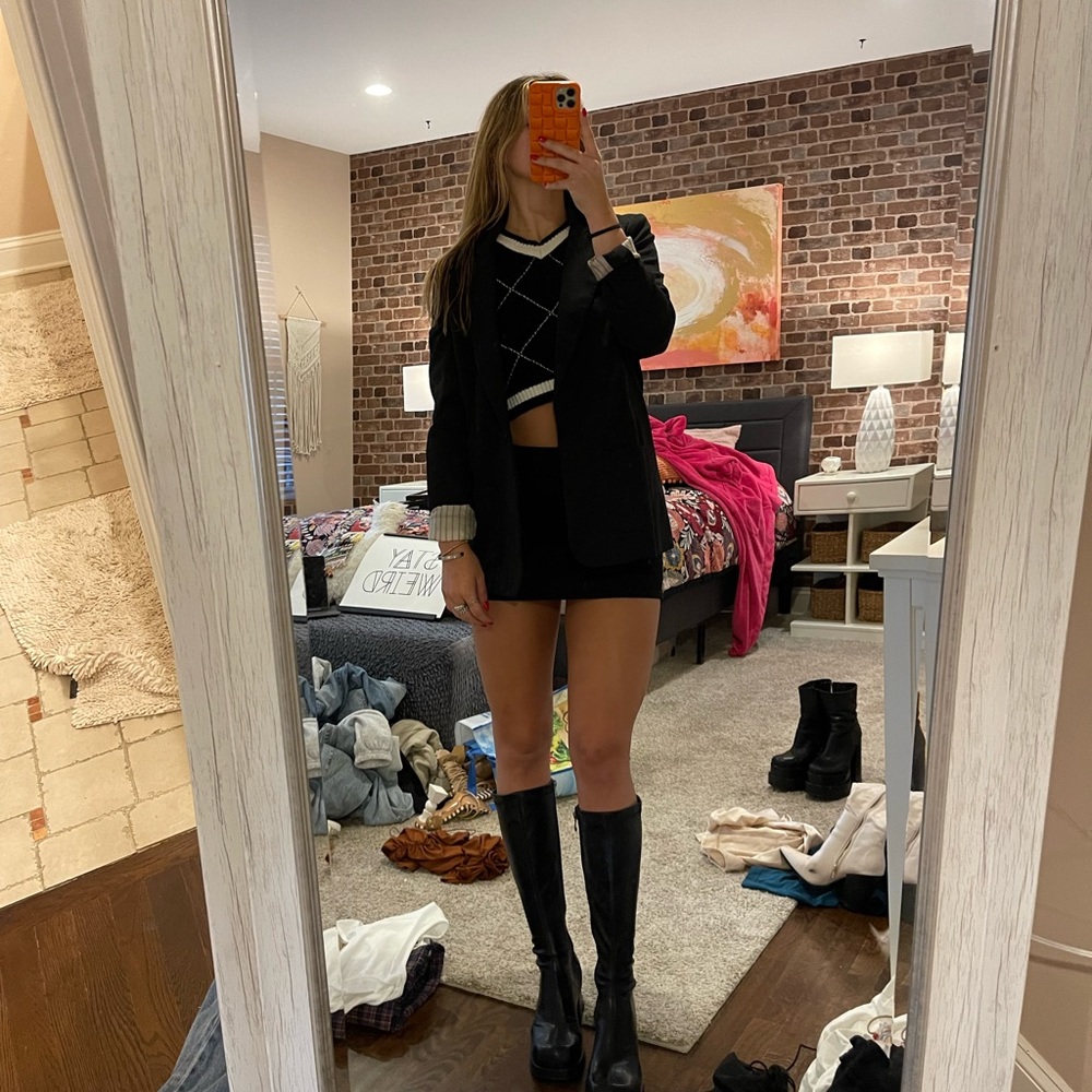 Whole outfit! BCBG blazer, cropped sweater vest and mini black skirt